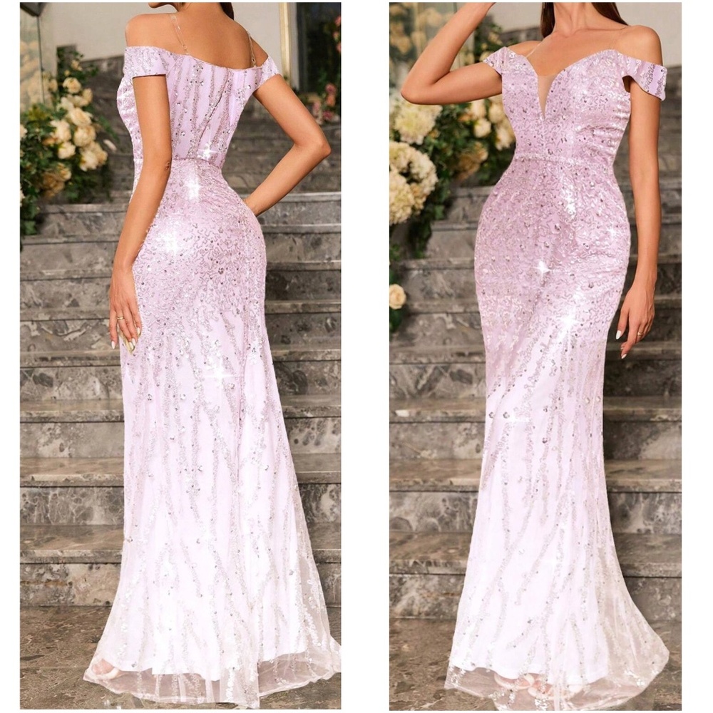 Ombre Sequin Off Shoulder Bodycon Party Formal Prom Wedding Dress - Picture 7 of 9